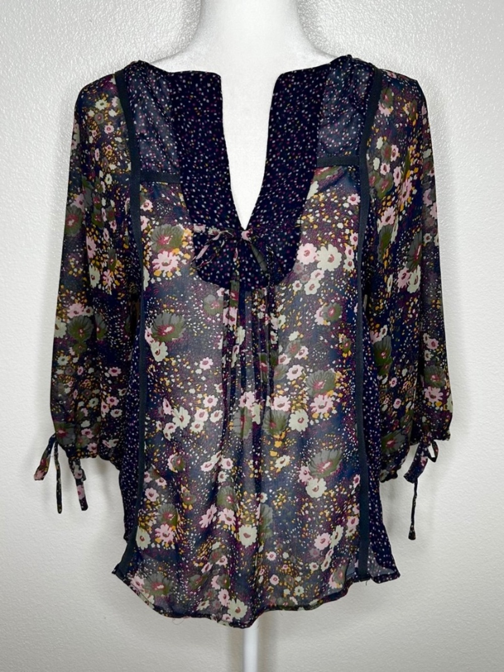 ZARA Womens Navy Blue Chiffon Floral Tie-Front Long Sleeve Top Size XS/S